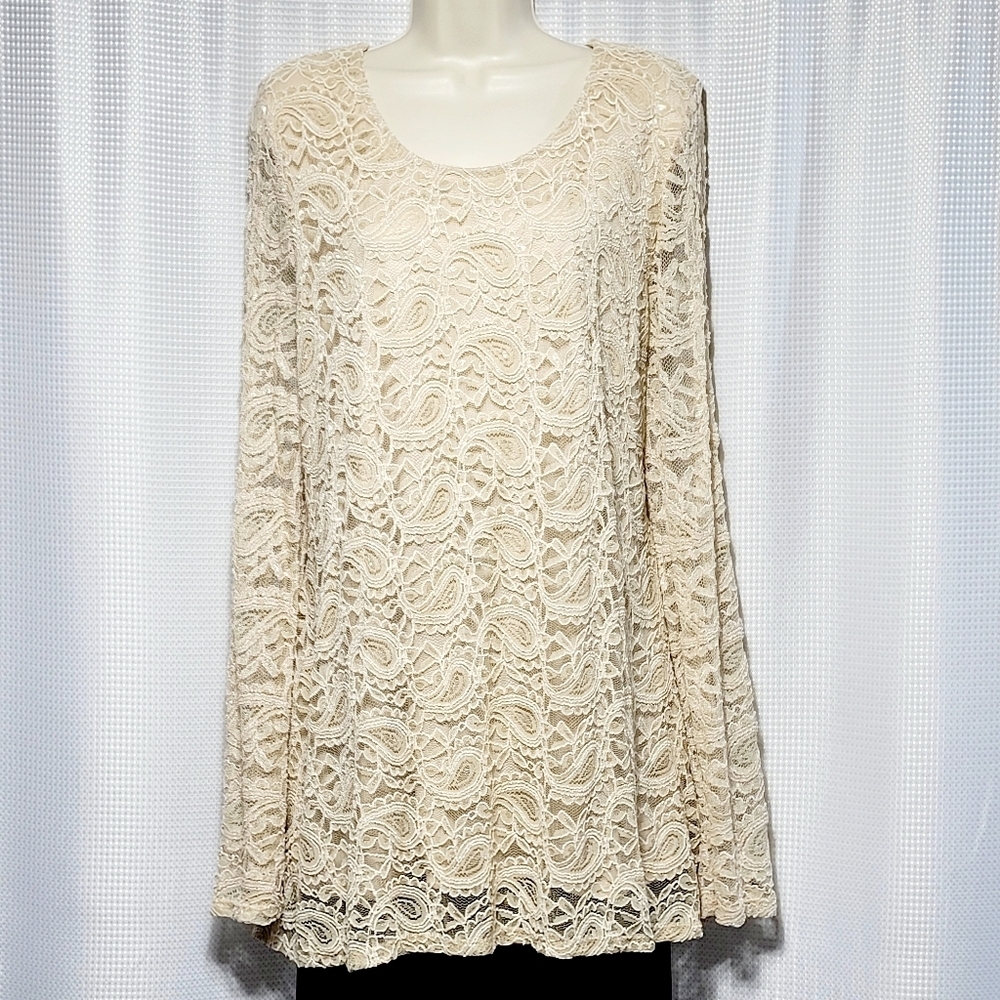 NorthStyle Flowy Champagne Lace Bell Sleeve Stretch Pop Over Women's Blouse (XL)